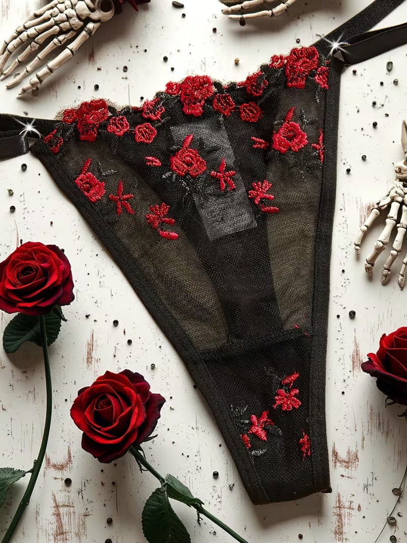 Camila - Conjunto de lencería bordada con malla transparente