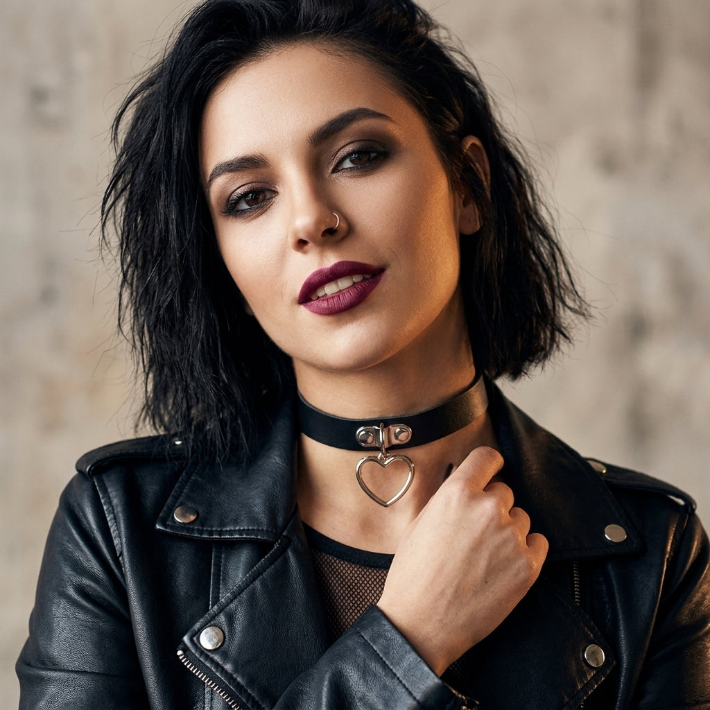 Noelia - Choker Negro con Corazón Plateado