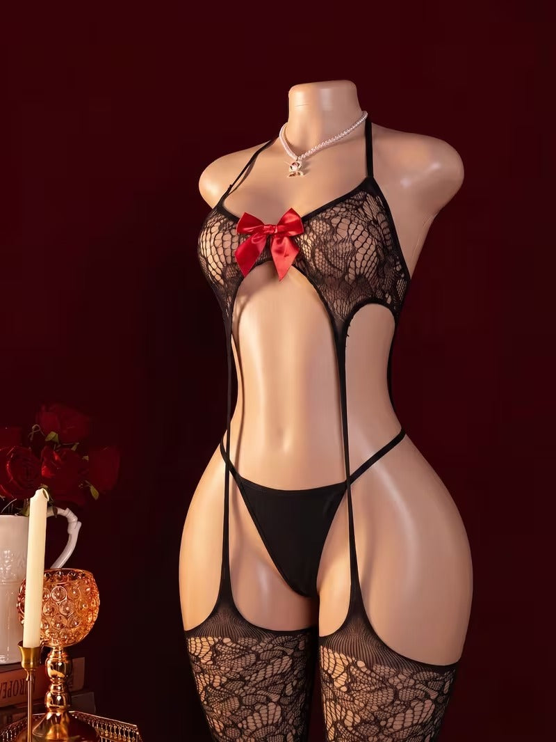 Julieta - Body negro con lazo rojo y cuello halter