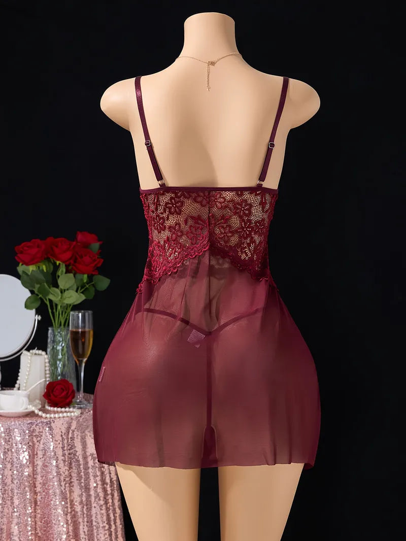 Celeste - Camisón marrón púrpura de encaje con abertura | Piel Canela | Imagen 2