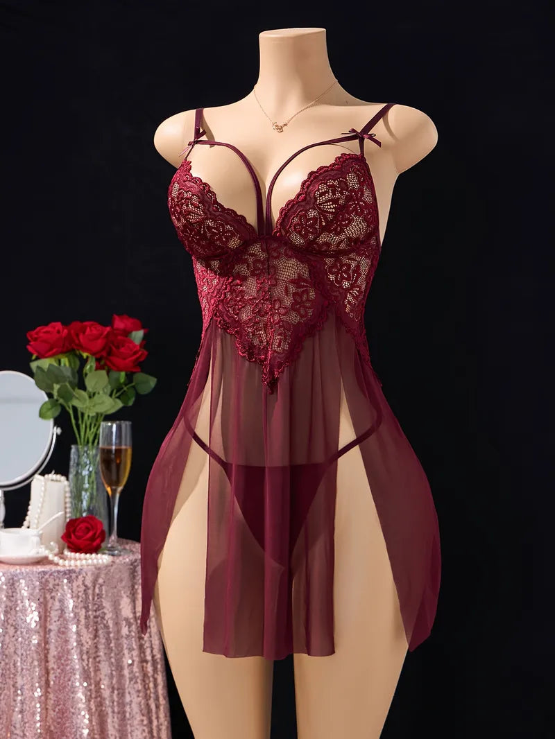 Celeste - Camisón marrón púrpura de encaje con abertura | Piel Canela | Imagen 3