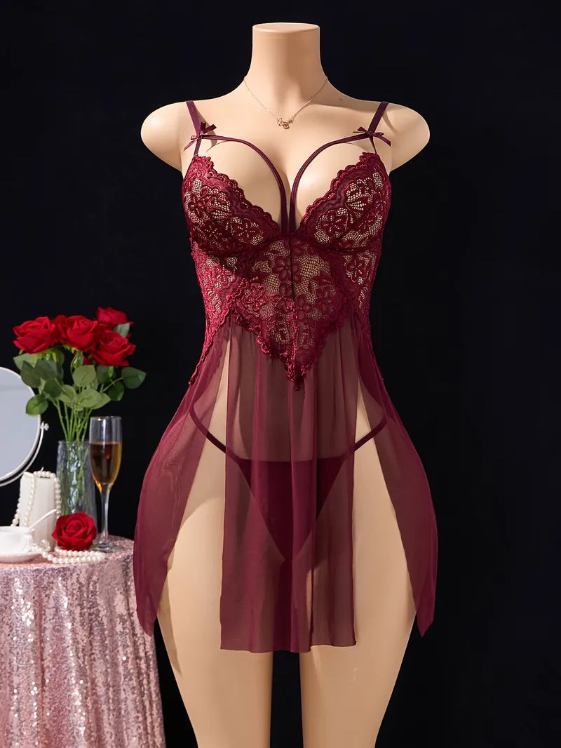 Celeste - Camisón marrón púrpura de encaje con abertura | Piel Canela | Imagen 6